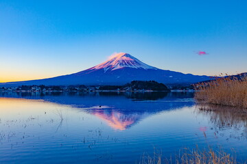 夜明けの河口湖　山梨県富士河口湖町大石公園にて