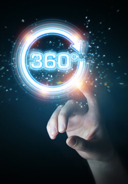 Man hand using 360 degree virtual reality neon interface 3D rendering