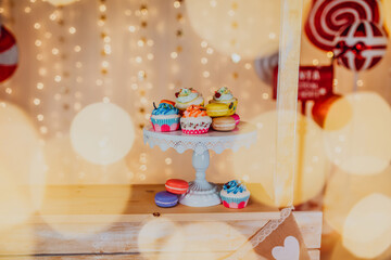 Christmas photo session in a photo studio with cupcakes and macarons