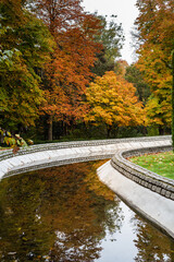 Scene of the Buen Retiro Park in Madrid during the fall with vibrant colors and the paths covered with fallen leaves