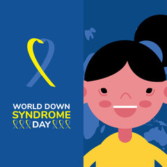 world down sindrome day campaign poster with little girl and ribbon