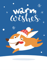 Merry Christmas card with cute cartoon corgi puppy