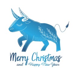 Vector hand drawn blue bull, text Merry Christmas. Greeting card, isolated on white background