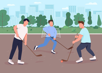 Field hockey flat color vector illustration. People play on public city playground. Competitive sport game outdoors. Team players 2D cartoon characters with urban park on background