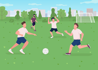 Outdoor football match flat color vector illustration. Sportsman playing game. Athletes on field with goal. Active lifestyle. Soccer team 2D cartoon characters with urban park on background © IMG visuals characte