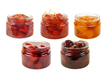 A set of various jams in a transparent glass jars isolated on a white background
