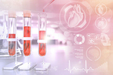 Medical 3D illustration, proofs vials in study office - blood sample dna test for eosinophiles or cholesterol with creative gradient overlay