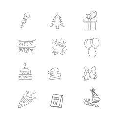 Collection of hand drawn icons from New Year's celebrations. Perfect for design elements from welcoming parties for the New Year, Christmas and Happy Holidays.