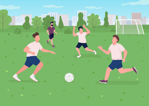 Outdoor football match flat color vector illustration. Sportsman playing game. Athletes on field with goal. Active lifestyle. Soccer team 2D cartoon characters with urban park on background