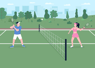 Tennis game flat color vector illustration. Outdoor courts for tournament match. Active lifestyle. Player hit ball over net. Athlete couple 2D cartoon characters with landscape on background