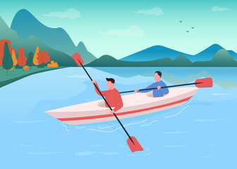 Kayaking flat color vector illustration. Canoeing for recreation. Athlete swimming with oar in boat. Active lifestyle. Watersport team 2D cartoon characters with landscape on background