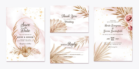 Floral wedding invitation template set with brown and peach roses flowers and leaves decoration. Botanic card design concept © KeepMakingArt