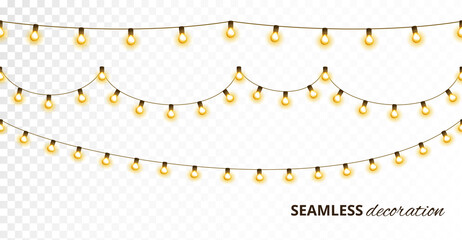 Light bulb garland, isolated vector decoration. String of golden Christmas lights. Illuminated holiday border, glowing lamps frame. For wedding or birthday cards, New Year banners, party posters.