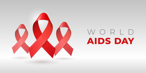 Realistic red 3D ribbons with shadow and copy space for WORLD AIDS DAY in december. HIV awareness symbol. Vector template for medical website, social media, banner, poster, invitation, flyer.