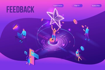 Feedback concept with 3d isometric star icon, customer rate product, client satisfaction survey, people review quality of service, purple vector illustration, landing page template