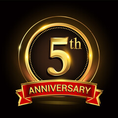 5th golden anniversary logo with ring and red ribbon. Vector design template elements for your birthday celebration.