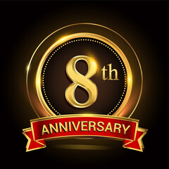 8th golden anniversary logo with ring and red ribbon. Vector design template elements for your birthday celebration.