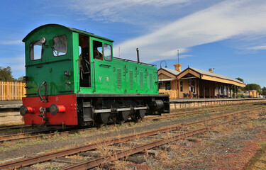 Fototapeta na wymiar Drewry narrow gauge diesel locomotive 'V8'(built 1955) at Queenscliff railway station in Victoria, Australia.