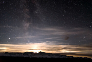 stars milky way mountains moon clouds sky night
