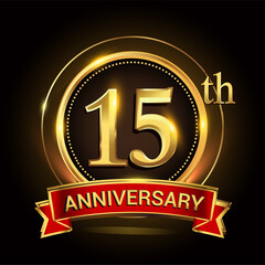 15th golden anniversary logo with ring and red ribbon. Vector design template elements for your birthday celebration.