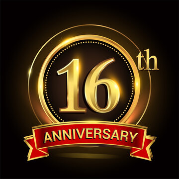 16th golden anniversary logo with ring and red ribbon. Vector design template elements for your birthday celebration.