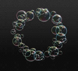Fototapeta premium Bath foam soap with neon bubbles isolated vector illustration on transparent background. Colorful cloud of blowing bubbles and soapy foam.