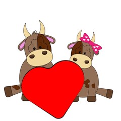 Cartoon cute bull and cow with heart