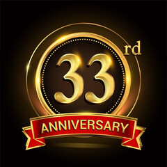 33rd golden anniversary logo with ring and red ribbon. Vector design template elements for your birthday celebration.