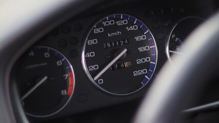 Speedometer and tachometer on the dashboard, Closeup of car dashboard