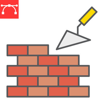 Brickwork Color Line Icon, Construction And Trowel, Build Brick Wall Sign Vector Graphics, Editable Stroke Filled Outline Icon, Eps 10.