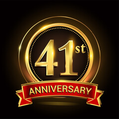 41st golden anniversary logo with ring and red ribbon. Vector design template elements for your birthday celebration.