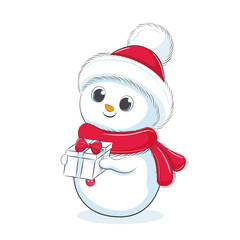 Cute cheerful snowmen with present