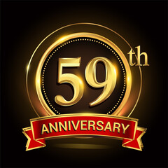 59th golden anniversary logo with ring and red ribbon. Vector design template elements for your birthday celebration.