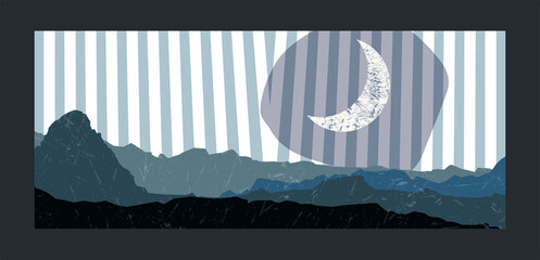 Mountains and moon background. Minimalist poster. Abstract landscape vector illustration. 