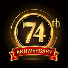 74th golden anniversary logo with ring and red ribbon. Vector design template elements for your birthday celebration.