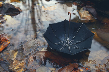 Black umbrella in a poddle with autumn fall leaves. Autumn concept
