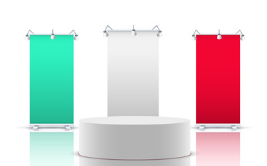 white podium with colorful standee in the white room