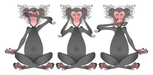 Stylized image of three monkeys covering their eyes, ears and mouth. Vector graphics