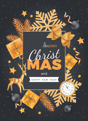 Fototapeta premium Merry Christmas and Happy New Year Greeting Background. Xmas card. Banner template. Golden snowflakes with confetti, gift boxes, wall clock, fir branches, deer, balls, stars.