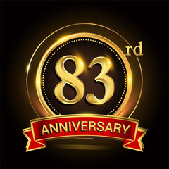 83rd golden anniversary logo with ring and red ribbon. Vector design template elements for your birthday celebration.