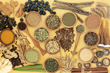 Fototapeta na wymiar Adaptogen health food with herbs, spices & supplement powders. Natural plant based foods that help the body deal with stress & promote or restore normal physiological functions. Top view on yellow.