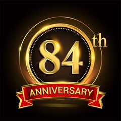 84th golden anniversary logo with ring and red ribbon. Vector design template elements for your birthday celebration.