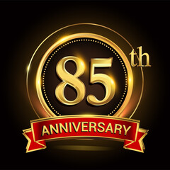 85th golden anniversary logo with ring and red ribbon. Vector design template elements for your birthday celebration.