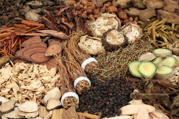 Traditional Chinese herbs & spice used in herbal medicine with herbs and spices. Alternative health care concept.