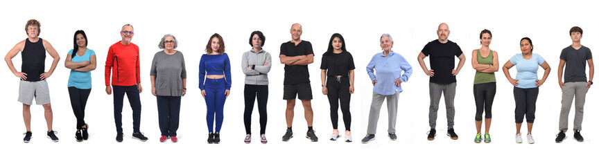 front view of a  group of women and men wearing sportswear on white background