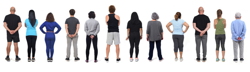 rear view of a  group of women and men wearing sportswear on white background - Powered by Adobe