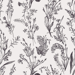 Seamless botanical pattern. Black and white.