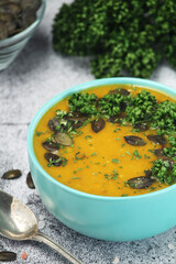 A bowl with home-made pumpkin soup