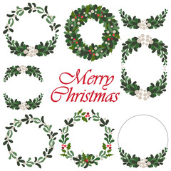 Merry Christmas and Happy New Year vector stock illustration in flat style. Greeting card element with winter floral. Set of Christmas wreaths isolated on white background for your winter design.