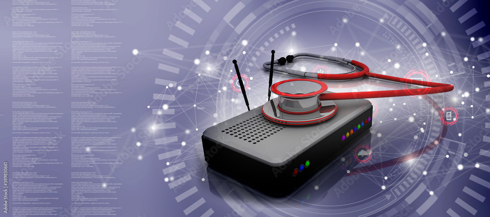 Poster 3d rendering transmitter wifi with stethoscope